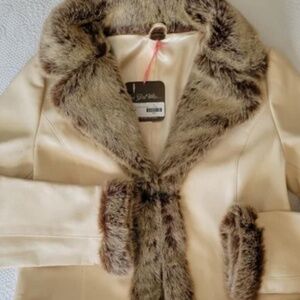 NWT One Girl Who... genuine leather faux fur jacket cream.and tan size large